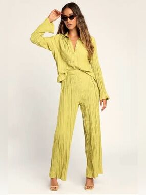 Lulu's Pleat Code Lime Green Pleated Wide-Leg Pants
